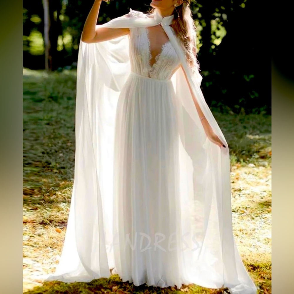 Women Solid Wedding Chiffon Cape Bridal Veil Cloak Halter Long Cape